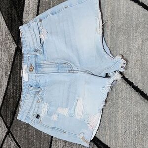 KANCAN DISTRESSED PASTEL-STITCH LIGHT-WASH RAW-EDGE HIGH-RISE DENIM SHORTS SMALL
